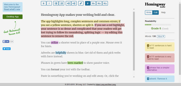 a screenshot from Hemingway app named one of the top software tools for a startup