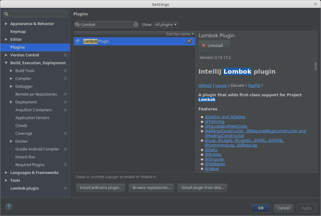 Installing Lombok Plugin in the IDE
