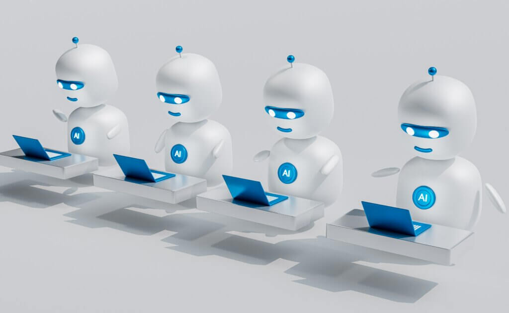 four robots learning and trying to avid common artificial intelligence problems