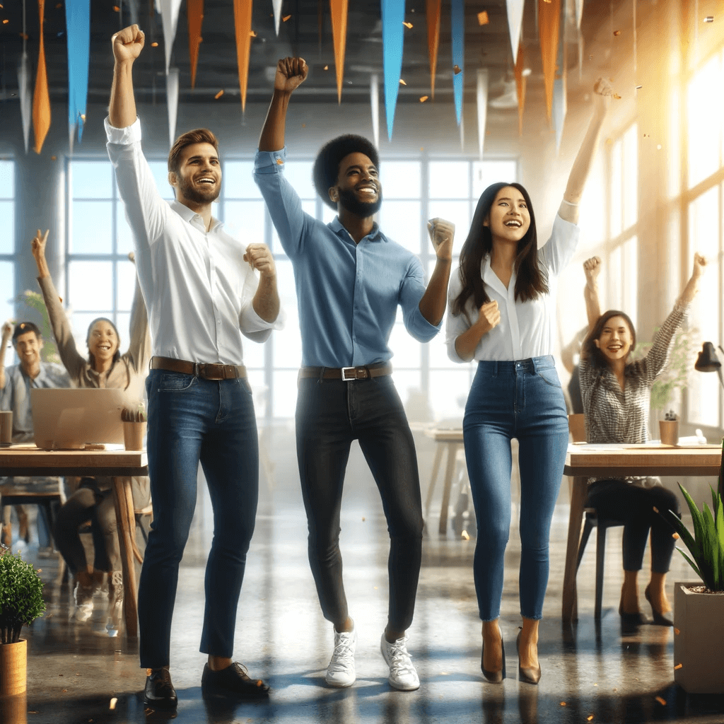A young international team celebrating the successful AI implementation.