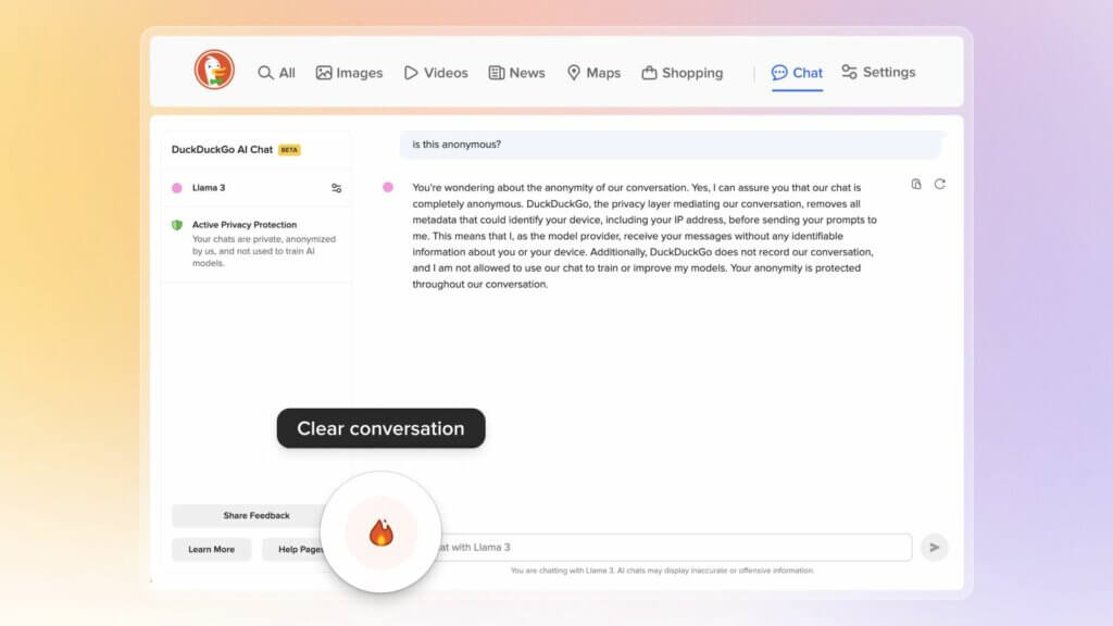 DuckDuckGo Ai Chat answering the question of its anonymity