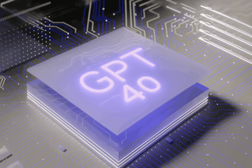 A futuristic 3D-rendered microchip labeled 'GPT-4o' glowing in purple light, placed on a high-tech circuit board with intricate illuminated patterns and a modern, sleek design.