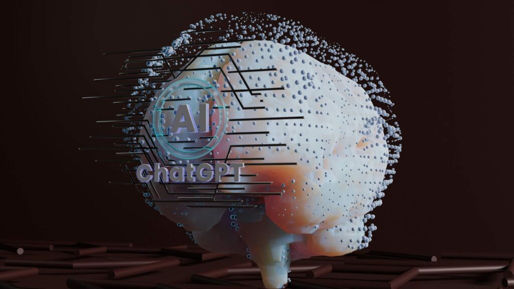 Digital illustration of a human brain with futuristic AI and ChatGPT circuit overlays, symbolizing the concept of artificial intelligence and Chat GPT 3.5 technology.