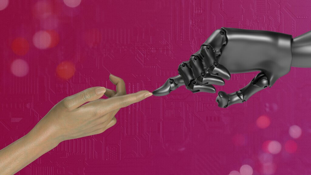 Human hand touching a robotic hand, symbolizing collaboration between humans and generative AI development