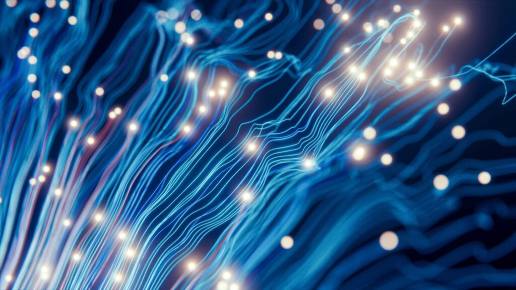 Abstract visualization of neural network data flow and glowing connections, symbolizing advanced machine learning and innovation in an AI development company.