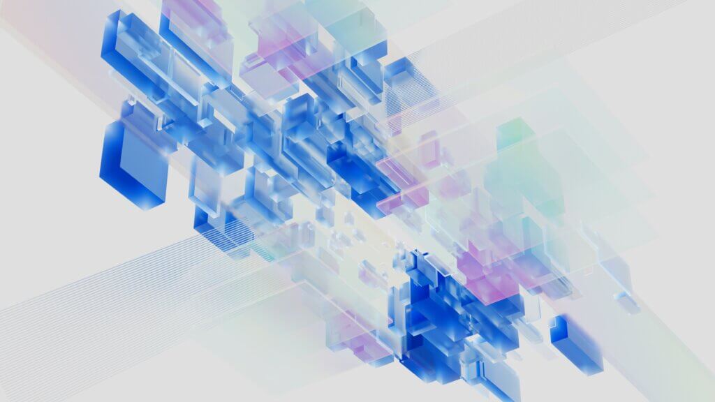 Abstract Generative AI visualization with translucent blue blocks representing ROI from Generative AI before full-scale implementation