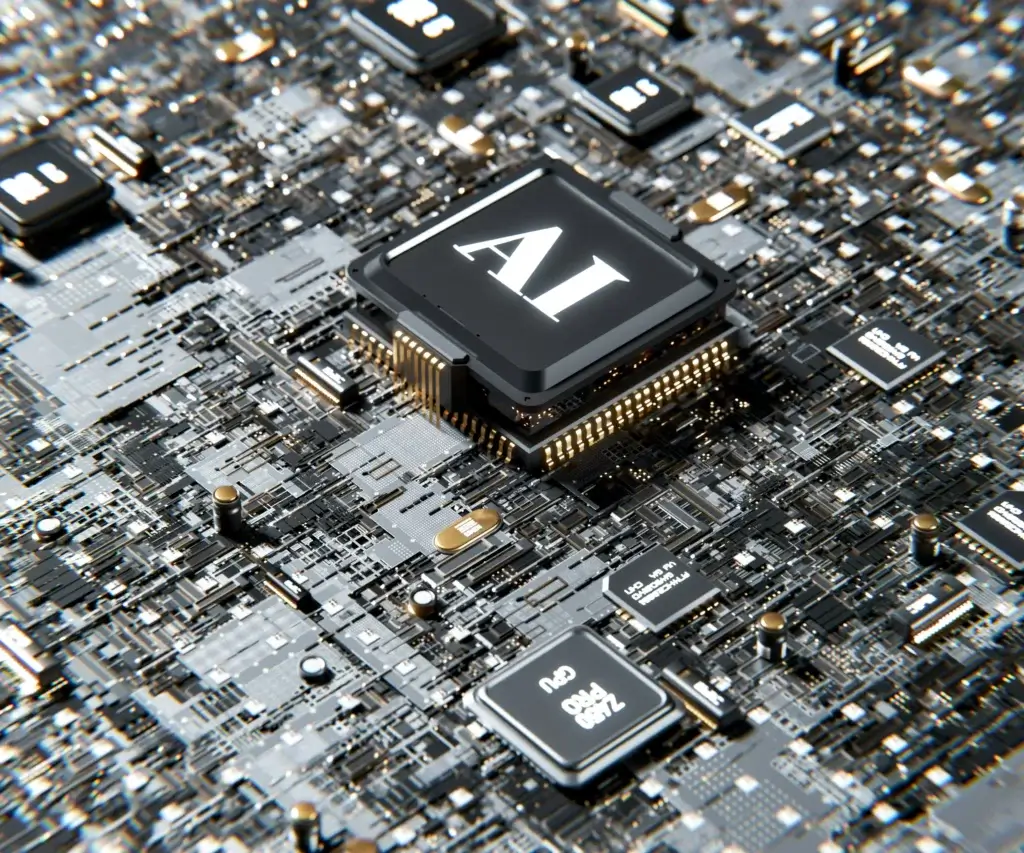 AI chip on a circuit board representing generative AI in Manufacturing and data-driven industrial innovation.