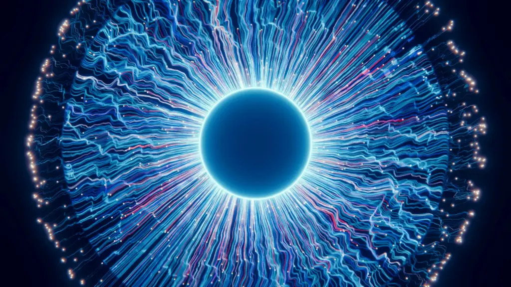 Abstract visualization of a glowing data core with flowing lines, representing generative AI development and neural networks