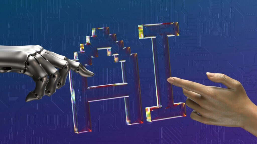 Human hand and robotic hand reaching toward AI letters, symbolizing ROI from Generative AI and human-AI collaboration.