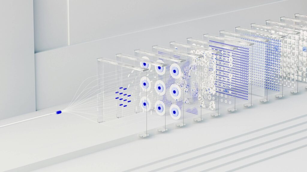 AI Assistants data pipeline visualization with transparent processing layers, symbolizing enterprise knowledge orchestration, structured retrieval, and reliable AI-powered answers.