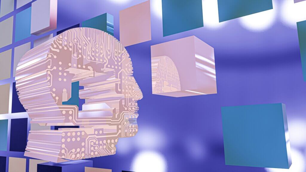 A stylized 3D digital human head constructed from circuit board patterns, illustrating the data-centric framework necessary for effective AI governance.