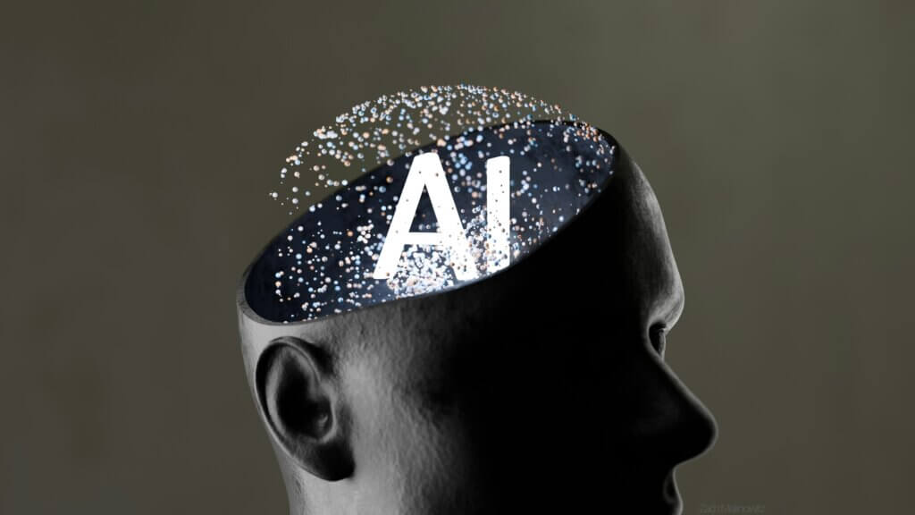 A human head silhouette with the letters "AI" and floating particles inside, symbolizing the transparent and explainable outputs central to AI governance.